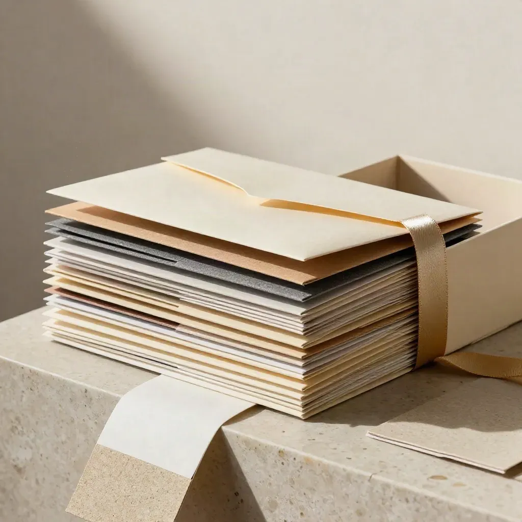 Nieuwsbriefbundel met enveloppen, kleurstalen en presentatiedoos op een zandkleurige studioplint.