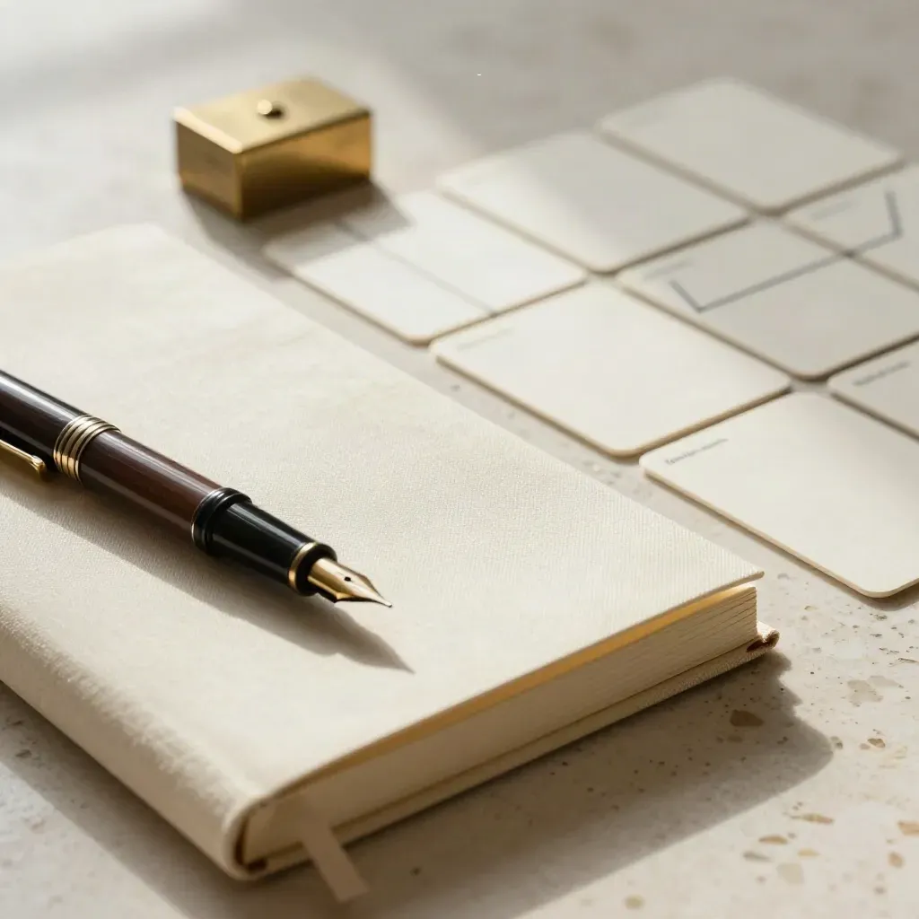 Ivory notebook, vulpen, kaartjes en brass paperweight op travertin.