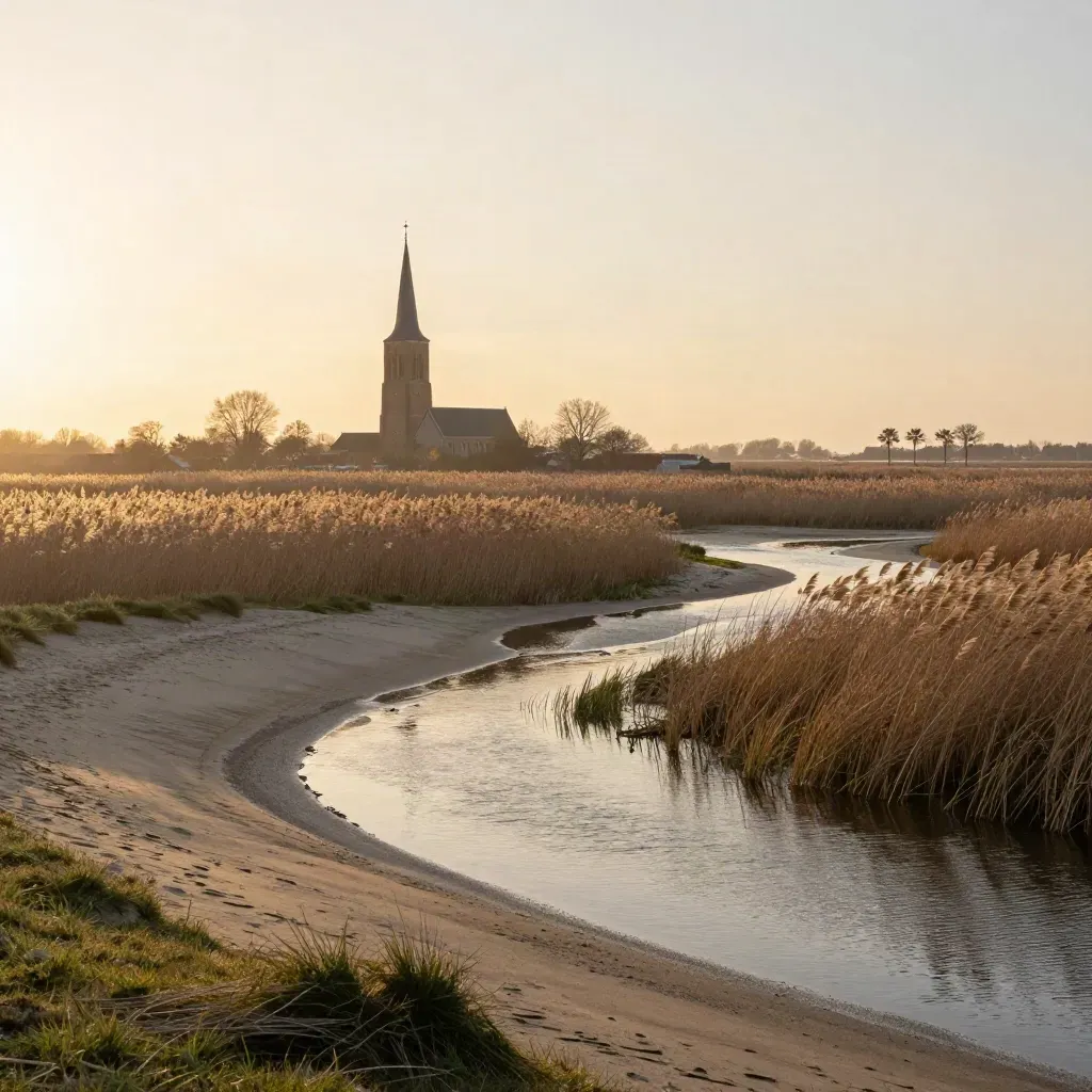 Brabant landschap bij zonsondergang met riet, dijken en een verre kerktoren.